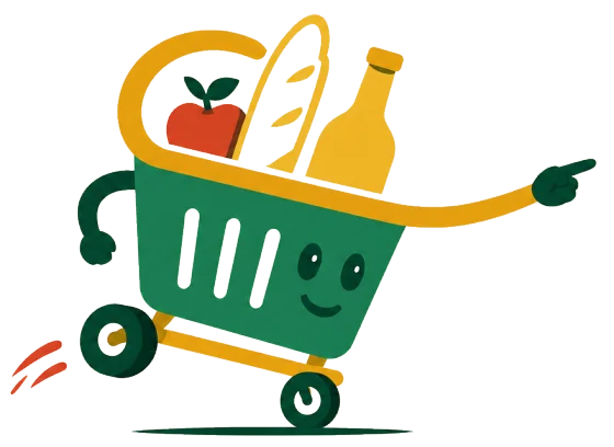La mascotte TDG : un chariot vert souriant, chargé d’une pomme, d’une baguette et d’une bouteille